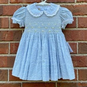 Pastel Blue Floral Embroidered Dress 12M Cupcake Sleeves Lined Wide Skirt